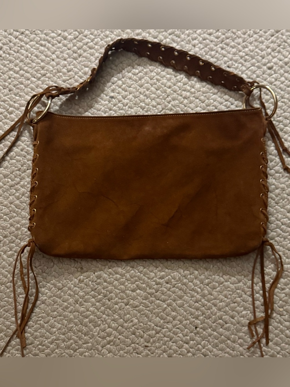 Brown Suede Shoulder Bag with Eyelet Lacing